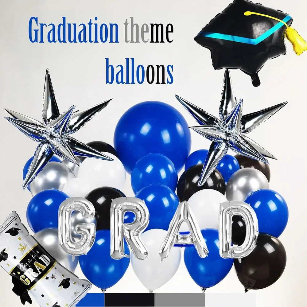 Royal Blue and Black White Silver balloon kit 110PCS with Graduation Cap